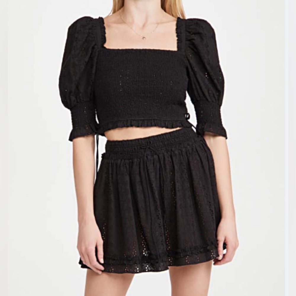 Playa Lucila Black Eyelet Puff Sleeve Crop Top & Mini Skirt Set – Size M